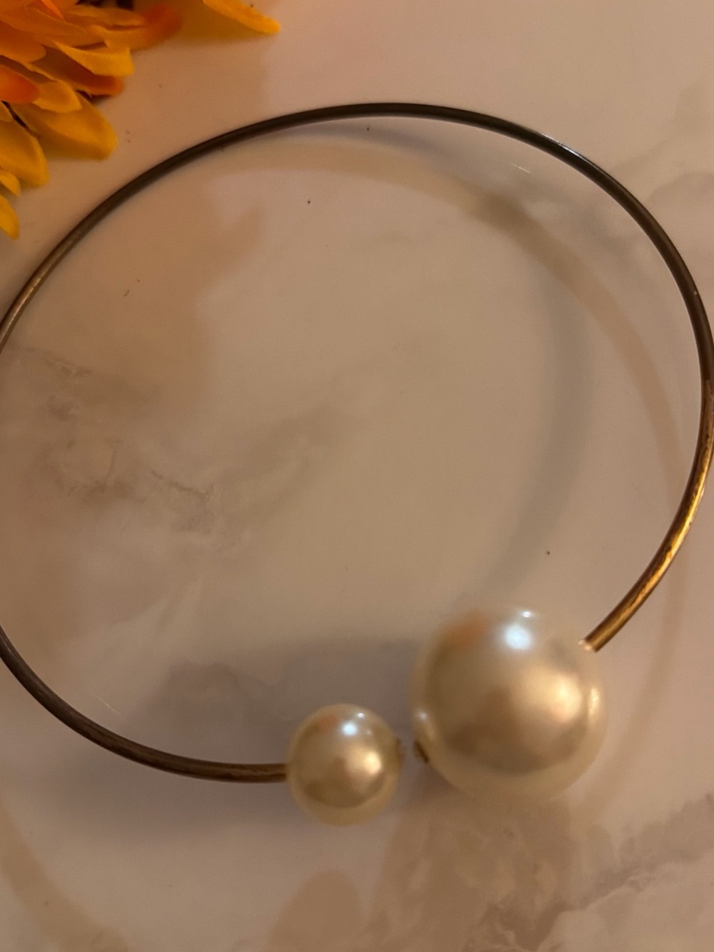Chunky H&M Gold Tone Open Bangle Necklace with Pearl End Caps